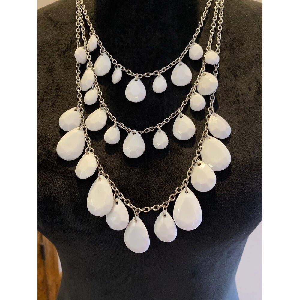 Multi-layer Statement Waterfall Necklace with 3 Tiers of White Teardrop Jewelry - Picture 4 of 6